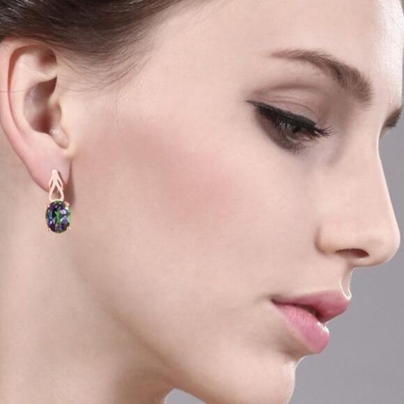 18K Rose Gold 925 with 3.60 Cttw Green Mystic Topaz Oval Post Back Drop Earrings - Picture 3 of 4
